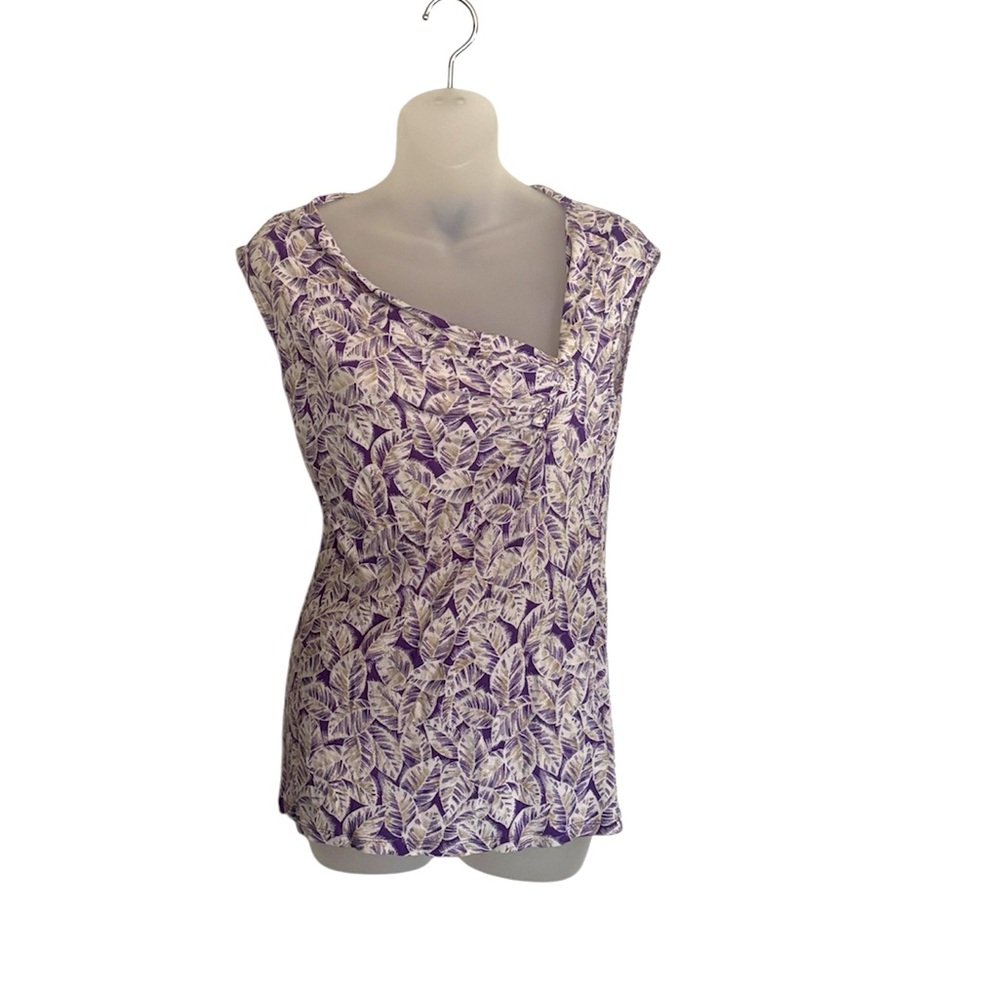 Ann Taylor Factory Top Womens S Leaf Pattern Wrap Sleeveless White Purple EUC